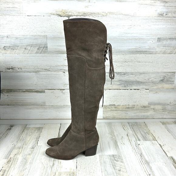 Aldo Womens 7 Gray Suede Leather Over The Knee Lace Back Zip Heeled Boots - Picture 3 of 12